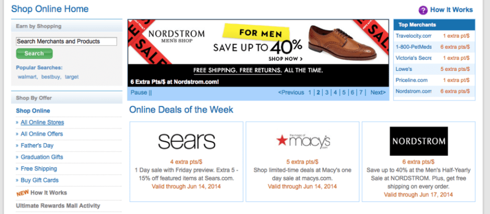 A sample view of the Chase Shopping Portal